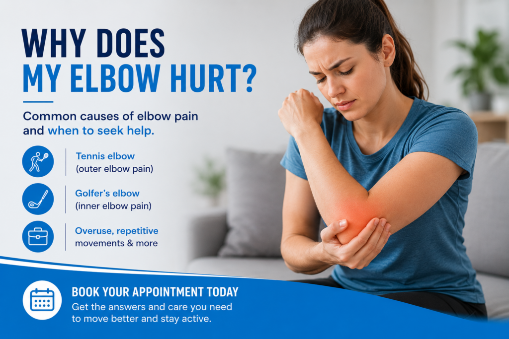Common causes of elbow pain including tennis elbow, golfer's elbow and overuse injuries